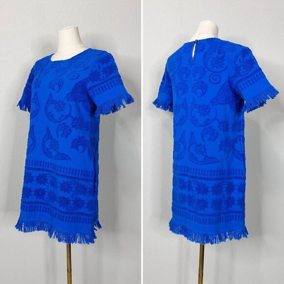 Lucy Folk Towelling Mini Dress Size S Blue Fringe Boho Preppy Vacation Resort - Picture 4 of 12